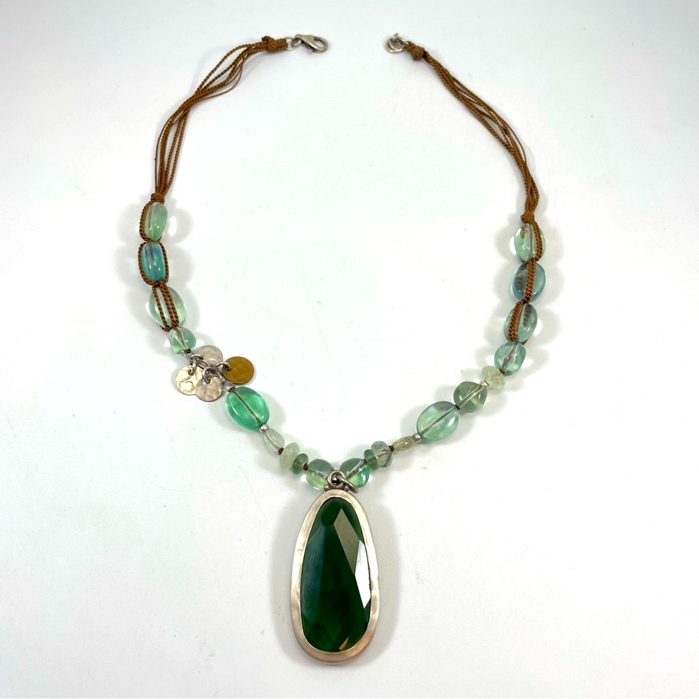 SILPADA Sterling Silver Aqua Green Glass Stone Bead Necklace Brown Cord N1824